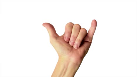 Close-up-shot-of-a-male-hand-throwing-a-classic-hang-loose-sign,-against-a-plain-white-background