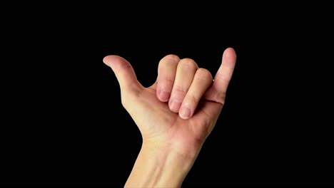 Close-up-shot-of-a-male-hand-throwing-a-classic-hang-loose-sign,-against-a-plain-black-background