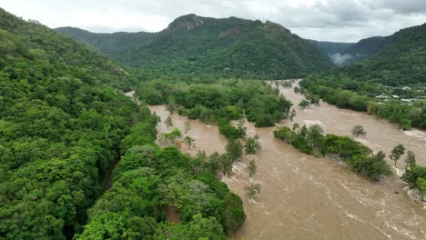 Drone-view-of-conditions-of-the-Barron-River-after-heavy-rain,-Cairns