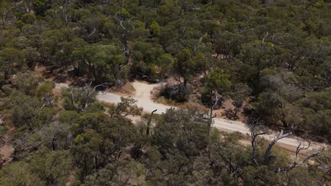 Car-driving-on-gravel-road-through-national-park-with-drone-cinematically-panning-around