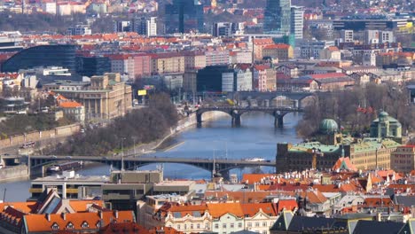Traffic-on-the-Bridges-over-Vltava-river-in-Prague,-Czech-Republic