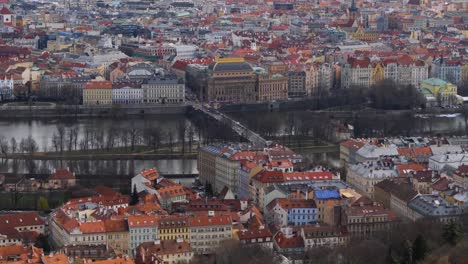 Legion-bridge-over-Vltava-river-and-National-Theatre-in-Prague,-Czech-Republic