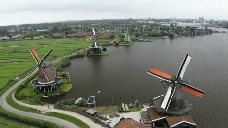 Aerial-view-of-Old-Dutch-Wooden-Windmills-of-Zaanse-Schans,-the-Netherlands