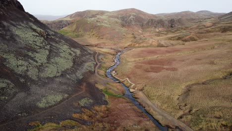 Drone-Establisher-Of-Hot-Springs-Valley-Reykjadalur-In-South-Iceland,-Aerial