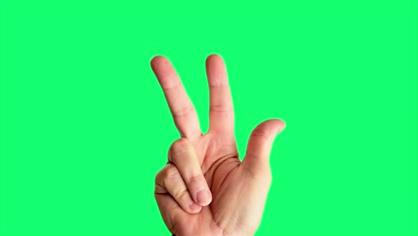 Close-up-shot-of-a-male-hand-throwing-a-classic-peace-or-gang-sign,-against-a-greenscreen-background-ideal-for-chroma-keying