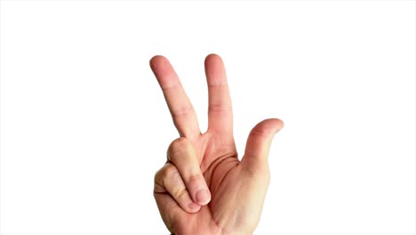 Close-up-shot-of-a-male-hand-throwing-a-classic-peace-or-gang-sign,-against-a-plain-white-background