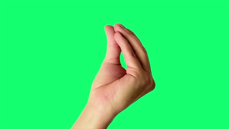 Close-up-shot-of-a-male-hand-throwing-an-Italian-style-perfect-sign,-against-a-greenscreen-background-ideal-for-chroma-keying