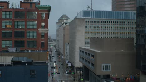 Establishing-shot-of-downtown-Cincinnati-Ohio-E-6th-Street-overlooking-John-Weld-Peck-Federal-and-Procter-and-Gamble-buildings
