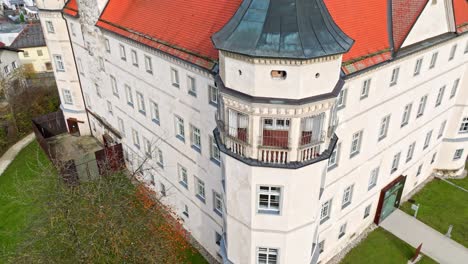 Hartheim-Castle-In-Alkoven,-Upper-Austria---Aerial-Close-Up