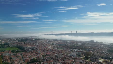 Aerial-view-of-Lisbon-city,-the-25-de-Abril-Bridge-in-the-background
