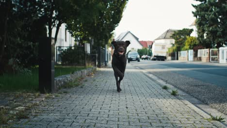 Lustig-Aussehender-Labrador-Hund,-Der-In-Zeitlupe-Auf-Einem-Bürgersteig-Läuft,-Glücklicher-Gesichtsausdruck