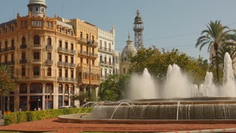 A-View-Of-The-Fountain-On-Modernisme-Plaza-Of-the-City-Hall-Of-Valencia,-Spain