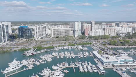 Mesmerizing-orbital-view-of-downtown-Sarasota-and-marina-from-a-distance