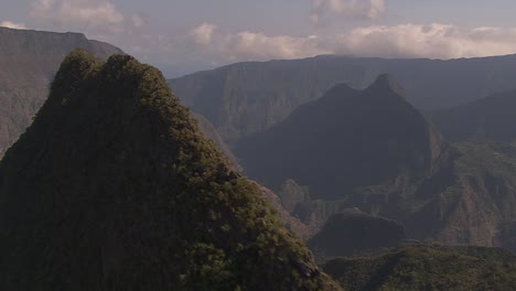 Breathtaking-Mountain-Ridge-Landscape-of-Reunion-Island,-France,-Aerial
