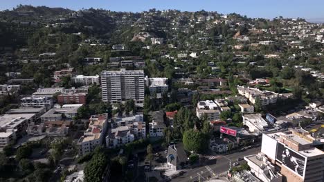 Aerial-of-luxury-upscale-homes-in-a-residential-neighborhood-of-West-Hollywood-near-Sunset-Blvd-during-the-day