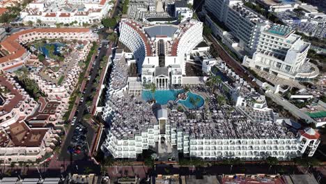 Aerial-over-massive-touristic-expensive-5-stars-hotel-in-Tenerife,-Costa-Adeje-in-Spain