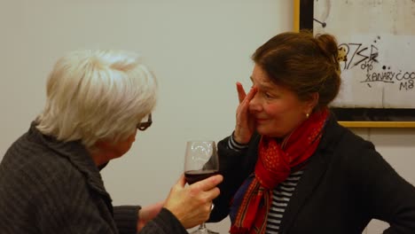 Older-grey-haired-woman-expressing-emotions-to-red-haired-lady-enjoying-glass-of-wine