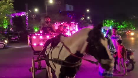 In-a-cinematic-sot,-young-children-are-enjoying-a-horse-drawn-carriage-ride-on-the-racecourse-ring-road-at-night