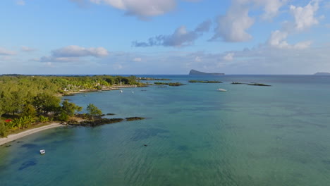Aerial-drone-of-tropical-beach-in-the-Mauritius-Island,-Indian-Ocean