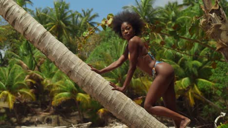 In-a-tropical-paradise,-a-bikini-clad-girl-with-curly-hair-takes-pleasure-on-a-Caribbean-island-beach-lean-on-a-tree-with-blue-skies-in-the-background