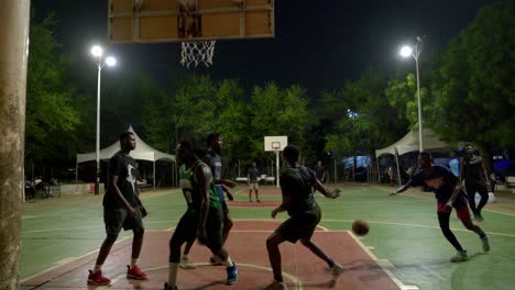 low-angle-team-of-black-male-atheles-play-together-basketball