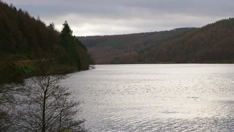 Late-afternoon-landscape-views-looking-across-a-winters-lake-surrounded-by-autumn-woodlands