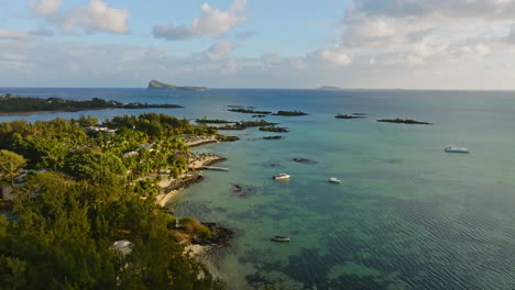 Aerial-drone-of-tropical-beach-in-the-Mauritius-Island,-Indian-Ocean