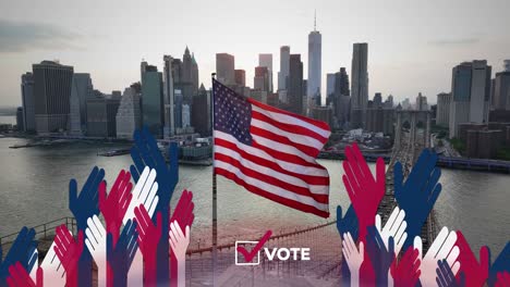 Animated-hands-and-vote-checkbox-on-drone-shot-of-American-flag-flying-on-Brooklyn-Bridge-with-view-of-Lower-Manhattan,-New-York-City