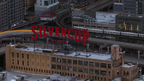 Aerial-view-of-the-red,-iconic-Silvercup-Studios-Sign-on-the-film-and-television-production-facility-in-the-Long-Island-City,-New-York-on-a-cloudy-day