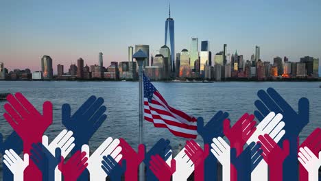 Bandera-Americana-Y-Horizonte-De-La-Ciudad-De-Nueva-York-Con-Manos-De-Votación-En-Las-Elecciones-De-Estados-Unidos