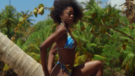 On-a-tropical-Caribbean-island-beach,-a-girl-with-curly-hair-experiences-joy-under-the-sunny-sky-in-a-bikini-sitting-on-a-coconut-tree