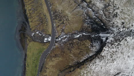 Faroe-Islands,-4K-Aerial-top-down-of-beautiful-Fossá-waterfall