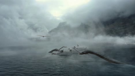 foggy-prehistoric-seas,-giant-dinosaurs-and-flying-pterosaurs,-3d-animation