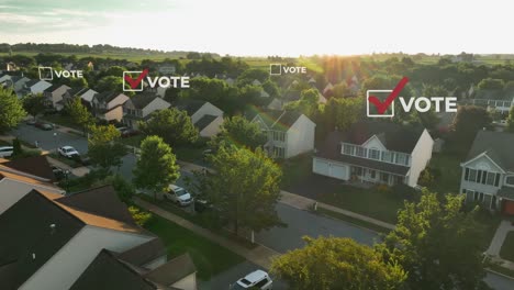 Vote-checkmark-above-houses-in-United-States-neighborhood-during-sunrise