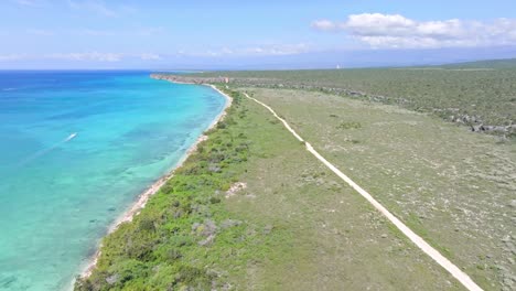 Vogelperspektive-Auf-Die-Atemberaubende-Küste,-Das-Meer-Und-Den-Strand-Von-Bahia-De-Las-Aguilas-In-Der-Dominikanischen-Republik,-Luftaufnahme