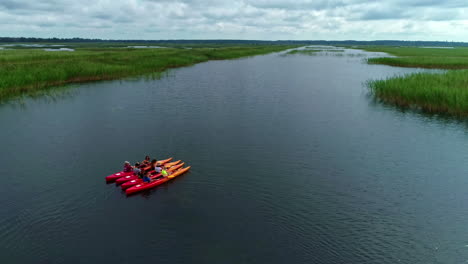 Group-of-People-Sit-in-Kayaks-Waiting-in-a-Lake-Waiting-Among-Green-Reeds,-Aerial-Drone-Shot