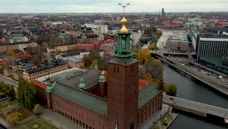 Rotating-drone-footage-about-the-Stockholm-City-Hall-in-November-2019