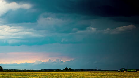 Timelapse-of-heavy-rain-storm-clouds-forming-at-agricultural-farm-landscape