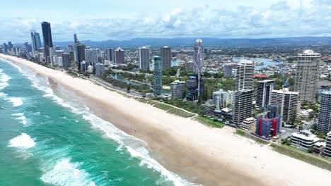 Surfers-Paradise,-Gold-Coast,-Queensland-Australia,-spectacular-fly-over-the-world-famous-beaches-of-this-iconic-world-famous-travel-destination