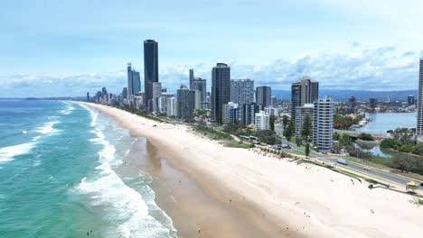 Beautiful-Gold-Coast-beaches-from-the-air,-golden-sands,-crashing-waves,-luxury-high-rise-landscape