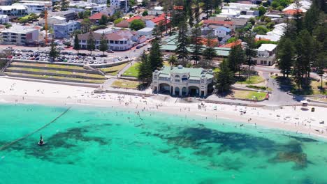 Drone-panning-around-iconic-Cottesloe-Beach-surf-club-in-Western-Australia-on-summers-day