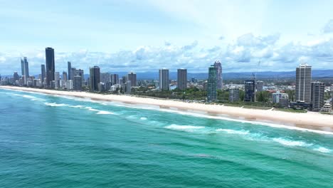 One-of-the-worlds-most-popular-holiday-destinations-at-Surfers-Paradise,-Gold-Coast,-Queensland-Australia,-grand-luxury-high-rise-accommodation,-drone-views