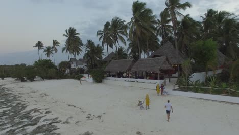 Drone-shot-of-local-people-and-a-tourist-walking-on-the-beach-in-Pingwe-towards-a-restaurant-and-high-palms-trees