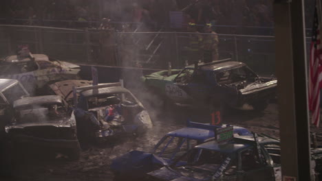 Demolition-Derby-Car-Ramming-Each-Other,-Big-Pack-of-Cars,-Night,-Slow-Motion