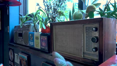 Altmodisches-Radio,-Das-Zusammen-Mit-Pflanzen-Auf-Einem-Fensterbrett-Sitzt