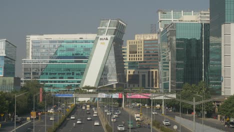 Modern-India-business-center-in-DLF-cybercity-with-world-class-multi-lane-road-infrastructure-and-smooth-flow-of-traffic,-Gurugram