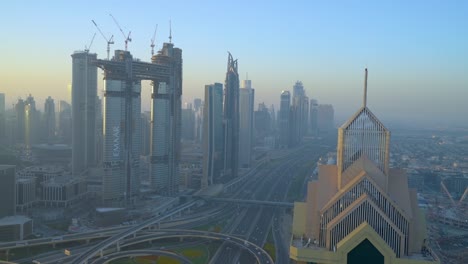Dubai-UAE,-Everyday-Air-Pollution-and-Mist-Above-City-Downtown-and-Skyscrapers,-Panorama