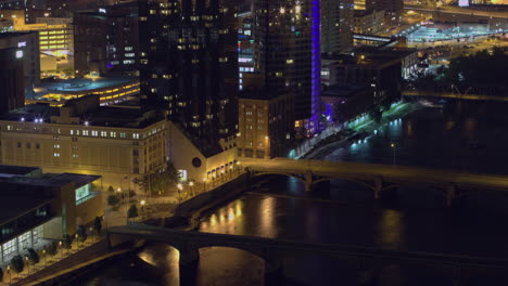Time-lapse-of-downtown-Grand-Rapids,-Michigan-at-night-from-a-high-angle
