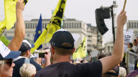 Anhänger-Der-Flämischen-Rechtsextremen-Partei-Vlaams-Belang-Schwenken-Während-Einer-Protestkundgebung-In-Brüssel,-Belgien,-Mit-Flaggen-Flanderns