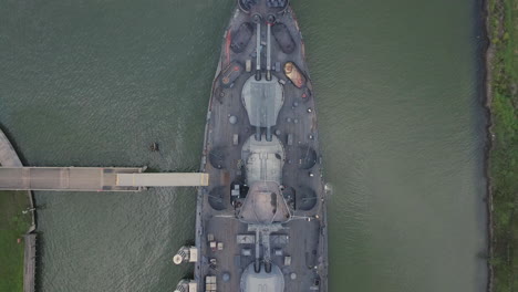 Aerial-top-down-view-of-the-legendary-naval-warship,-battleship-Texas